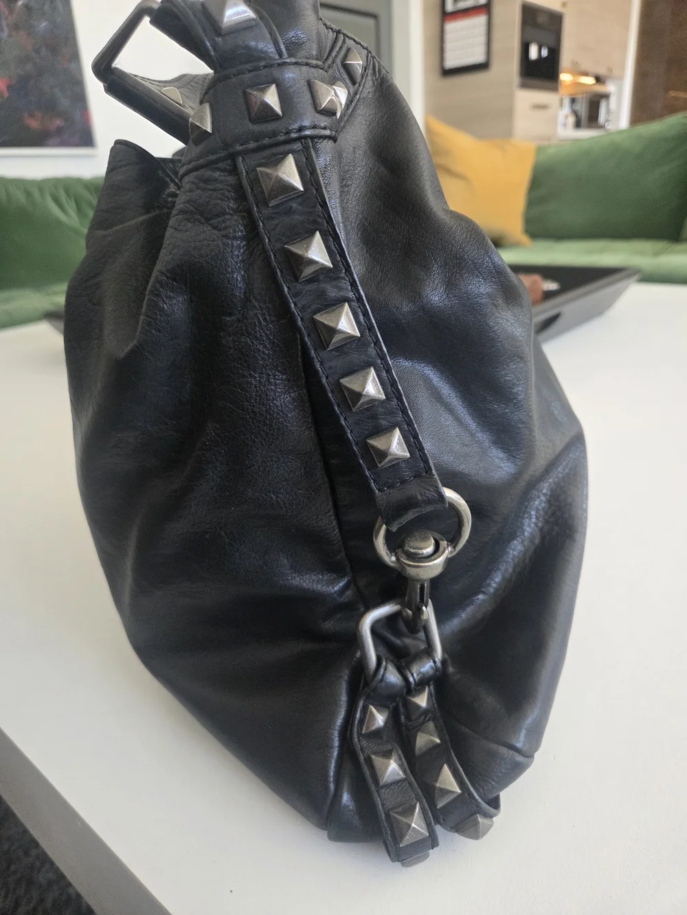 Rebecca Minkoff Studded Hobo Black Leather Pyramid Studs, Cardinal Bird Lining - Picture 3 of 11